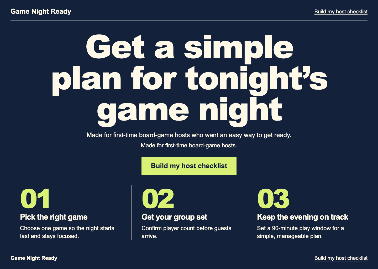 The Game Night Ready page created by Factory v0.